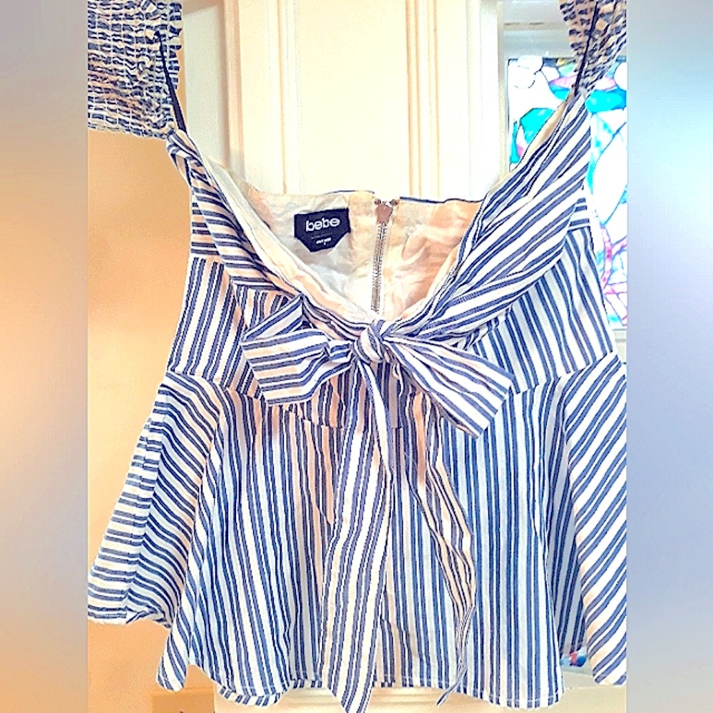 BEBE Nautical Top White Navy Stripes zip back BowTie front Wear off shoulders
